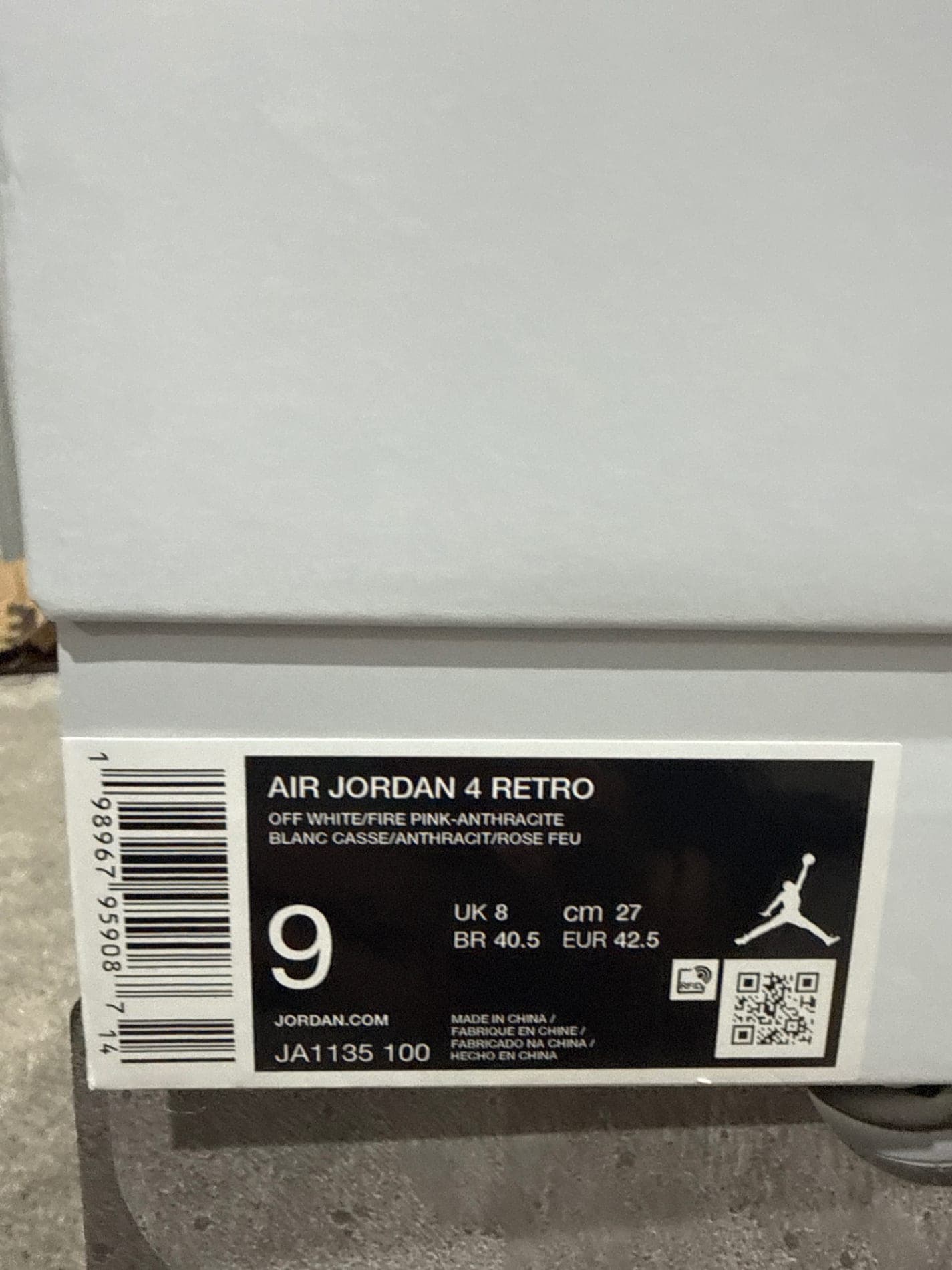 Box label — Nike Air Jordan 4 Retro White/Pink/Red — US 9, DS