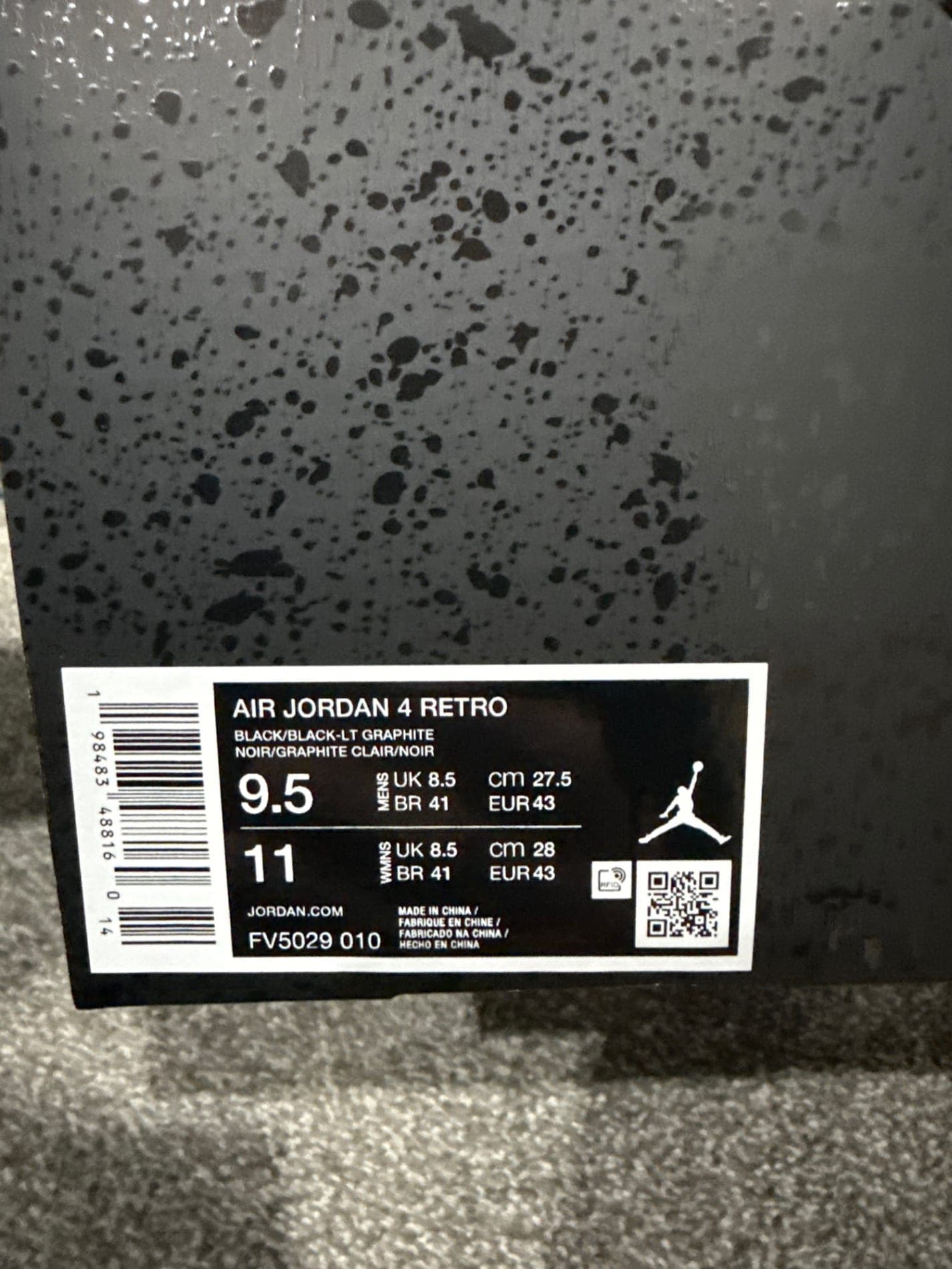 Box label — Jordan Air Jordan 4 Retro Black/Black-Lt Graphite — US 9.5, VNDS